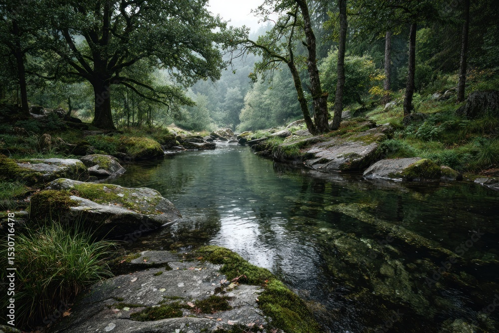 Poster calm waters reflect the trees and rocks in a peaceful forest setting, creating a tranquil atmosphere
