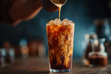 A barista skillfully pours cream into a glass of iced coffee, creating beautiful swirls and enhancing the drink's flavor and appearance