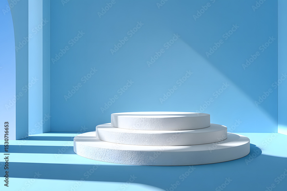 Poster abstract empty white podium with geometric shadows on blue background. mock up stand for product pre