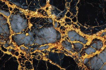 A stunning arrangement of black stone featuring golden veining, showcasing intricate patterns and textures found in natural materials