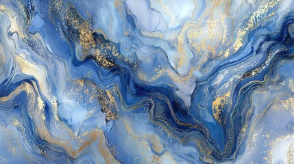 Blue and gold marble pattern with abstract golden swirls on a luxury blue background, perfect for wallpaper design, wall decoration, or mural art print.