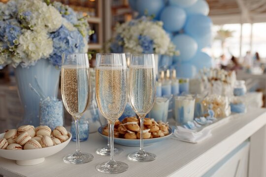 Elegant tablescape featuring sparkling champagne, sweet pastries, and blue floral decorations for a festive gathering