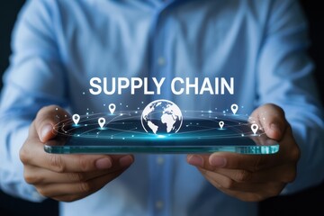 A person holding a tablet displaying a global supply chain network.