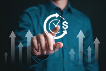 A hand interacts with a graphical representation of time management and financial growth.