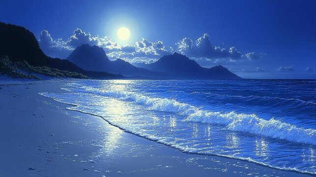 Tranquil beach scene at night under a full moon