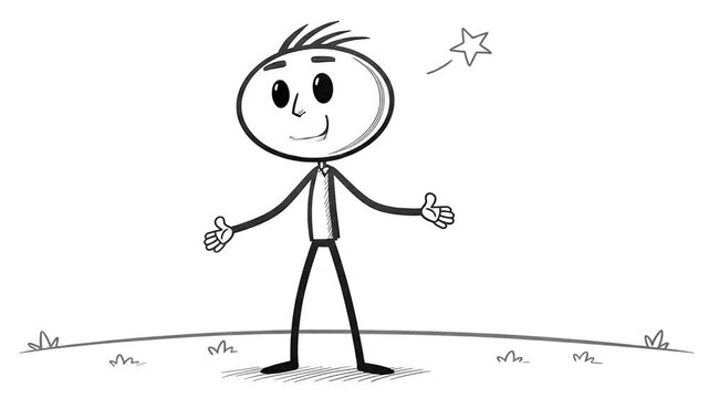 Confident Stick Figure Animation: Black and White Stickman on White Background