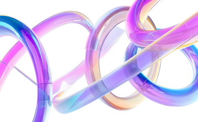 Abstract holographic 3d background with glass transparent circular rings and tubes render. Iridescent crystal light geometric pattern. Fashion banner with floating gradient figures