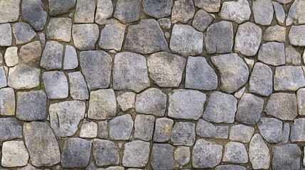 A high-resolution seamless gray cobblestone wall or road texture, designed with grungy stone patterns and natural variations. The repeatable design is perfect for creating realistic 3D renderings