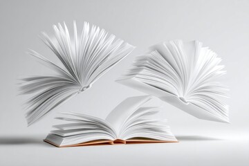 Fototapeta premium Three open books with flying pages showcase an artistic representation of literature in a minimalist setting against a light background