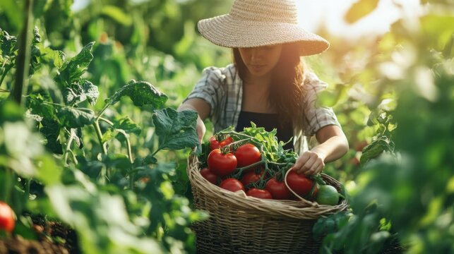 A female farmer with a passion for organic farming is growing tomatoes and lettuce in her fertile field under the sun. Her face is hidden from view as her hands touch the soil. 