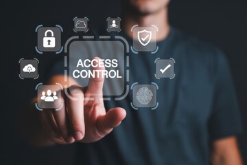 A hand interacts with a futuristic access control interface.