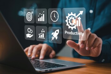 A person interacts with a holographic interface displaying productivity tools.
