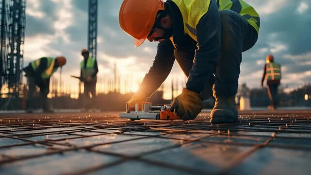 Construction worker in safety helmet, vest, and gloves working on steel reinforcement at sunset on building site with focused effort