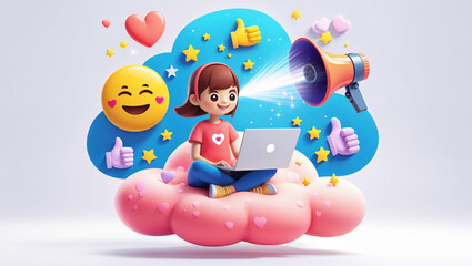 Naklejka premium Girl using a laptop surrounded by social media elements and feedback icons