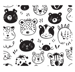 Cute Hand-Drawn Animal Faces - Doodle Style Vector 
