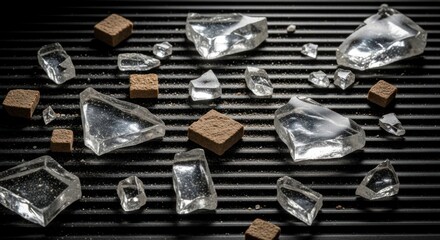 A collection of clear crystal shards and brown cubes scattered on a black slatted surface top view