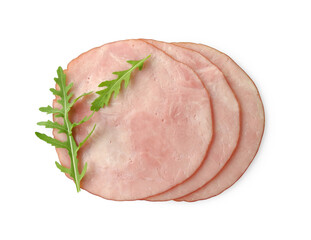 Round slices of ham with fresh arugula leaves isolated on white background top view