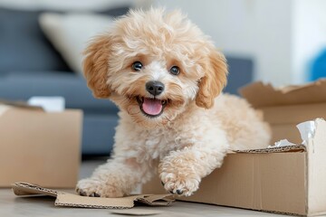 Playful Puppy Biting a Cardboard Box Indoors
