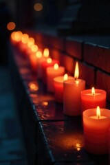 Rows of flickering candles illuminate a darkened space, creating a somber yet peaceful atmosphere Perfect for themes of remembrance, mourning, support, and community unity , memorial, light, prayer