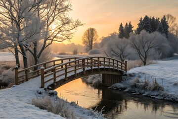 Snowy Wooden Bridge Over Frosted Stream at Sunset