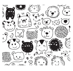 Cute Hand-Drawn Animal Faces - Doodle Style Vector 
