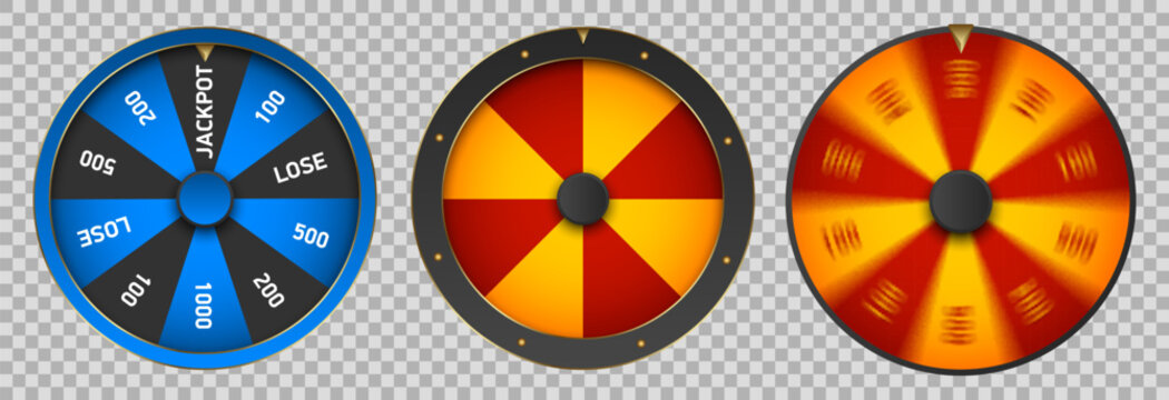 Set of vector casino spinning wheels with colorful segments, jackpot slots, and motion effects on transparent background. For gambling designs, games, rewards, and lucky spins. Blue, red and yellow