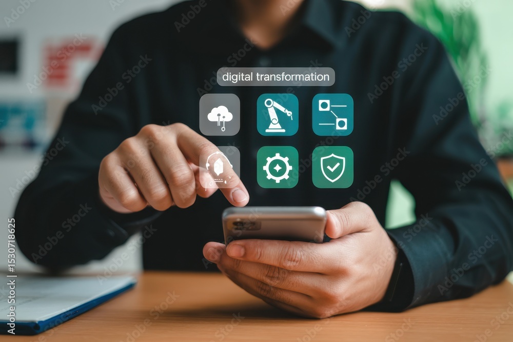 Poster person using a mobile phone with digital transformation icons displayed.
