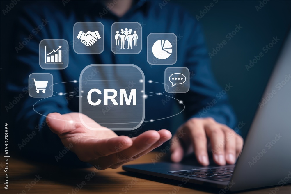 Poster person displaying a customer relationship management interface.