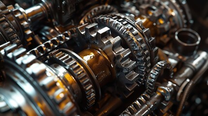 Golden lubricating oil glistens on the gears of a complex industrial machine.