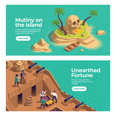 Pirate Isometric Video Game Horizontal Banners Set © Macrovector