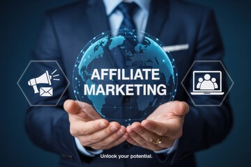 Hands holding a holographic representation of affiliate marketing.