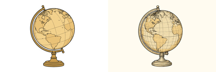 Antique and modern globes showcasing the Earth's continents in detailed craftsmanship