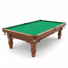 A classic billiard table with a wooden base and green felt, creating an image of recreational play,