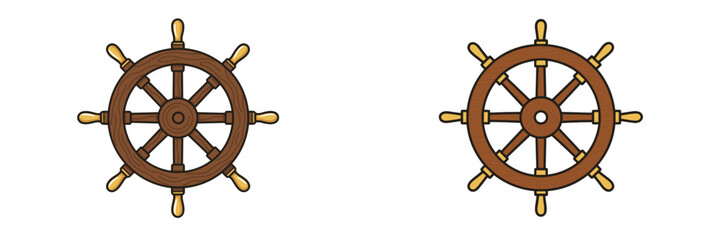 Wooden ship wheels illustrated in two styles showcasing nautical design elements and craftsmanship