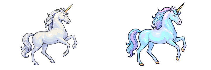 Obraz premium Colorful unicorns in playful poses with shimmering manes in a whimsical landscape setting