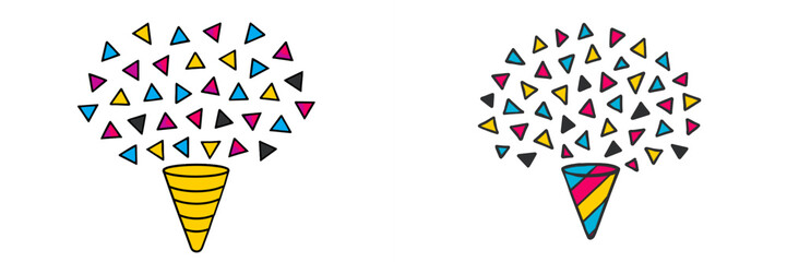 Colorful cone designs with scattered triangular patterns showcase creativity and playfulness in a vibrant artistic setting