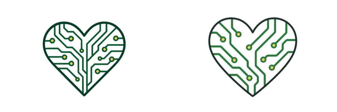 Heart designs featuring circuit patterns conveying technology and love in a minimalist style