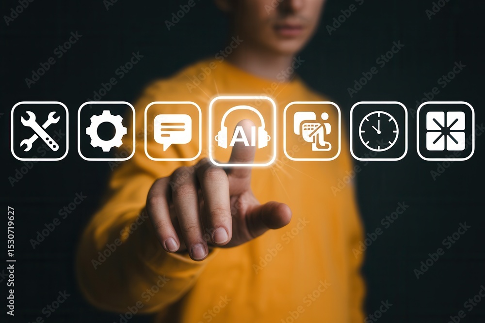 Aufkleber person interacting with a touch screen interface displaying various application icons.