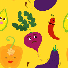 Funny Cartoon Vegetable Characters Seamless Pattern