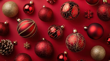 A flat lay overhead shot showcases a festive arrangement of red and gold Christmas ornaments, snowflakes, and a pine cone on a deep red background, creating a visually appealing holiday composition