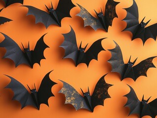 Fototapeta premium A flatlay of black origami bats arranged on an orange background. Some bats have gold accents