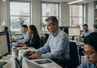 Office workers concentrating while typing on keyboards in modern office