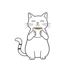 Simple line art drawing of a kitty enjoying a warm coffee mug minimalist vector icon or logo for a cafe pet shop or coloring book page
