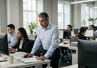 Manager reviewing documents in busy office with employees working on computers