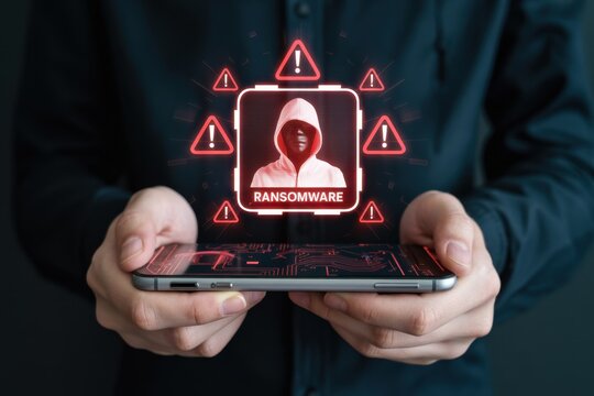 Person holding a phone with a ransomware warning displayed.