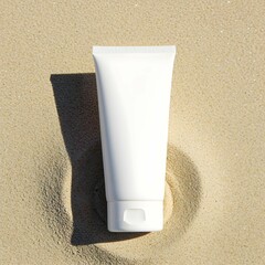White cosmetic tube mockup on the beach sand casting a shadow