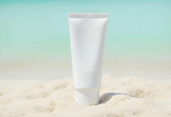 White cosmetic tube standing on sand with tropical beach in background