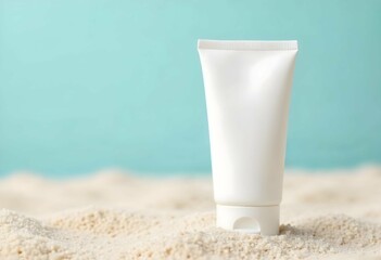White cosmetic tube standing on sand against light blue background