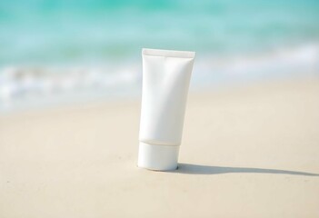 White cosmetic tube standing on the beach sand promoting summer sun protection