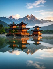 Fototapeta premium Serene Reflection of Traditional Pagodas in Nature